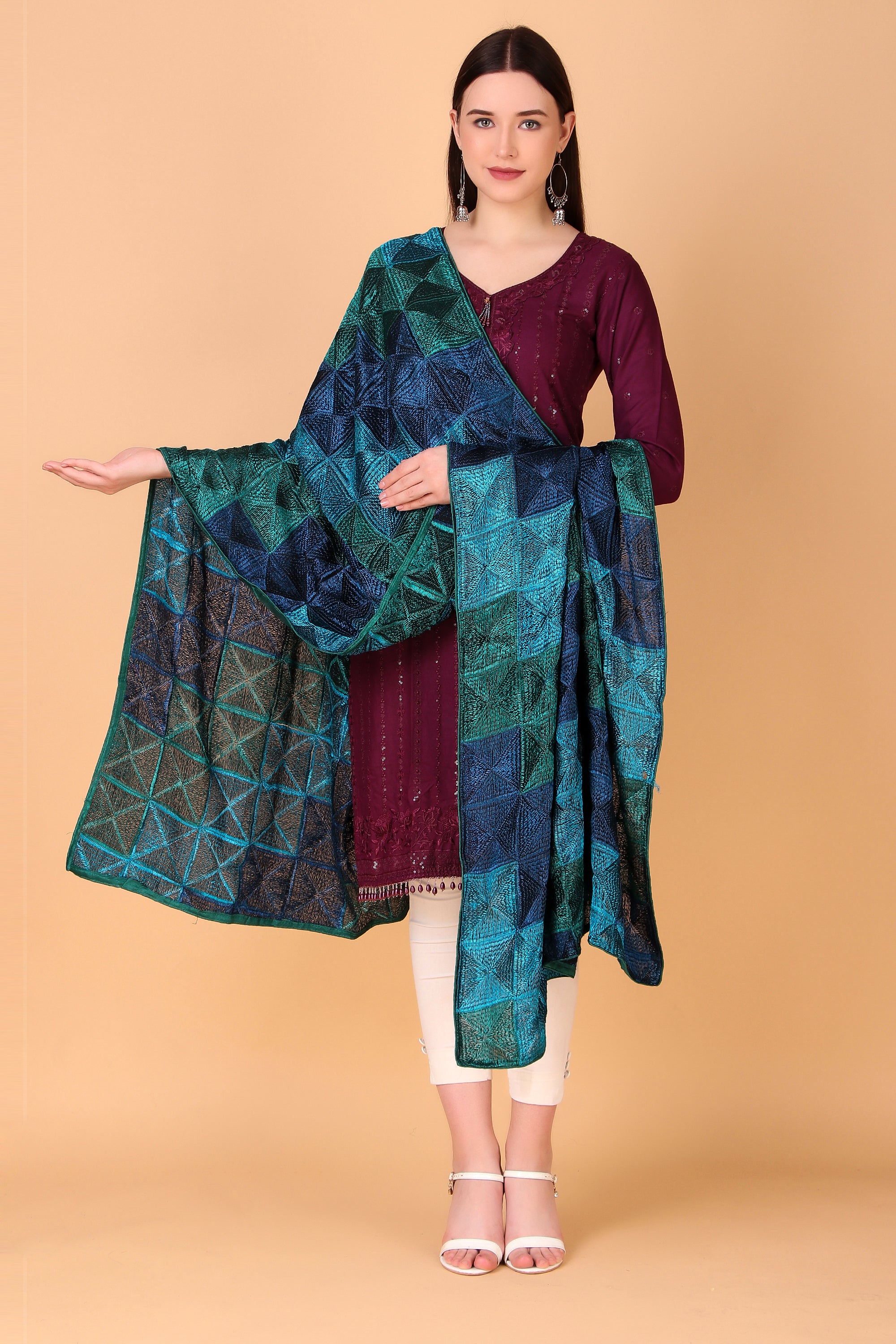 Peacock Toned Phulkari Dupatta