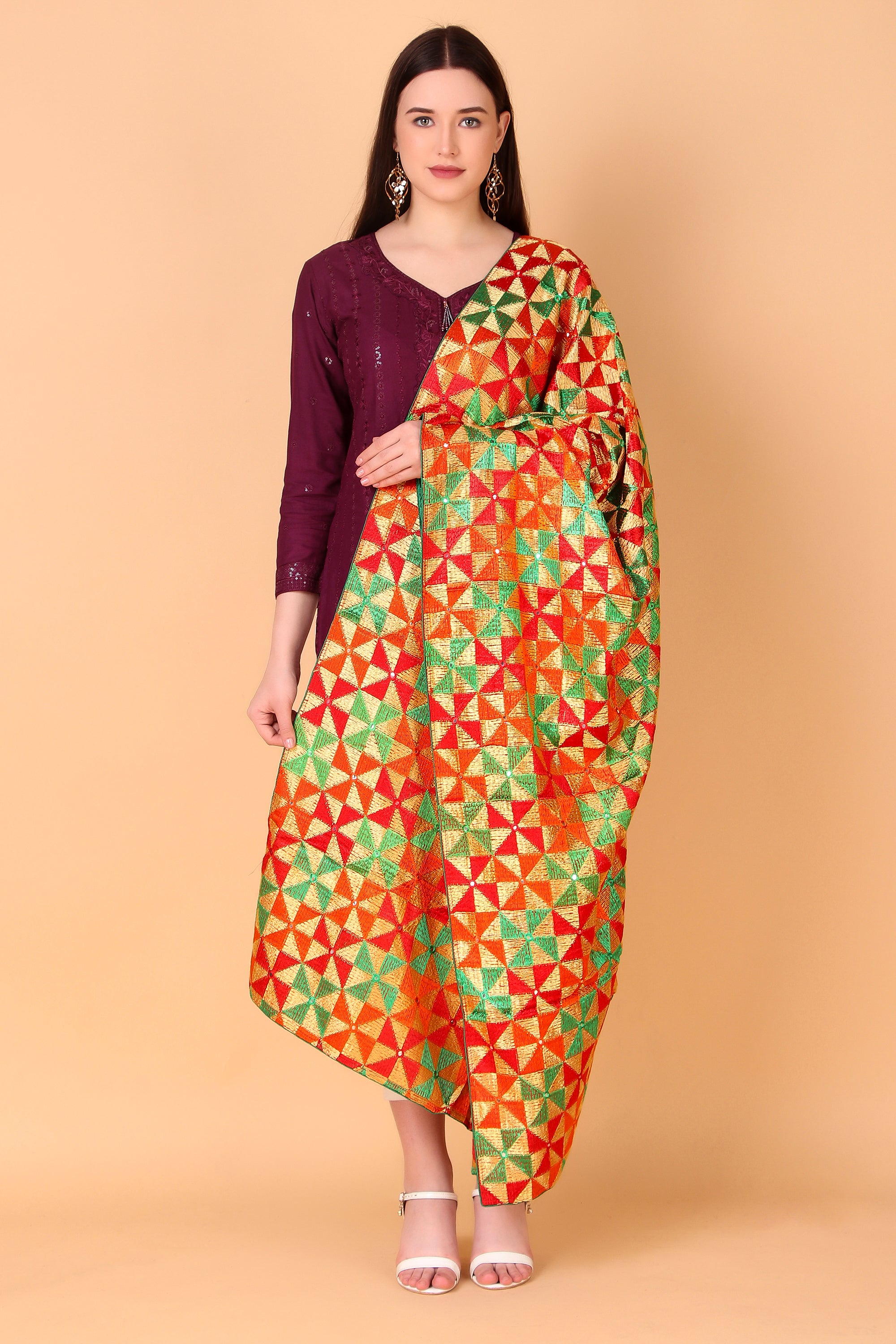 Multicolour Phulkari Dupatta with Mirror Work