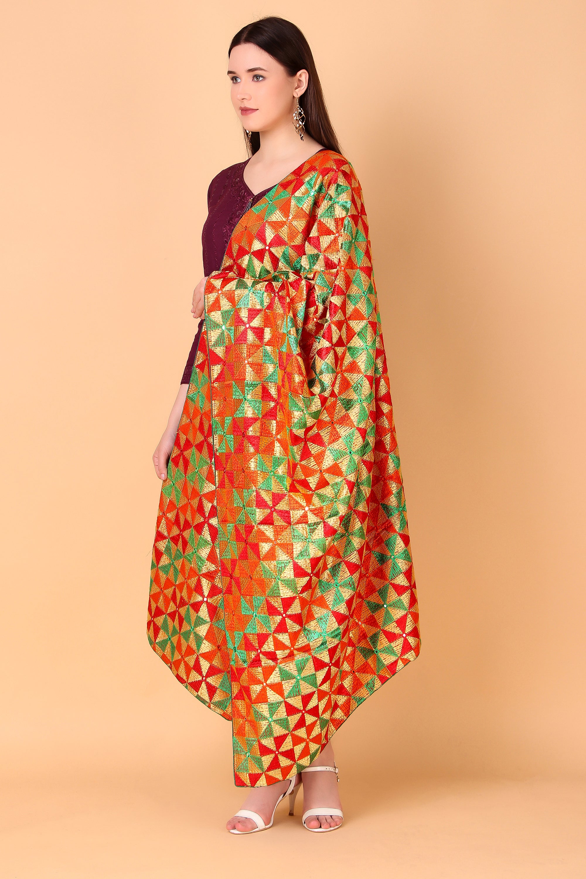 Multicolour Phulkari Dupatta with Mirror Work