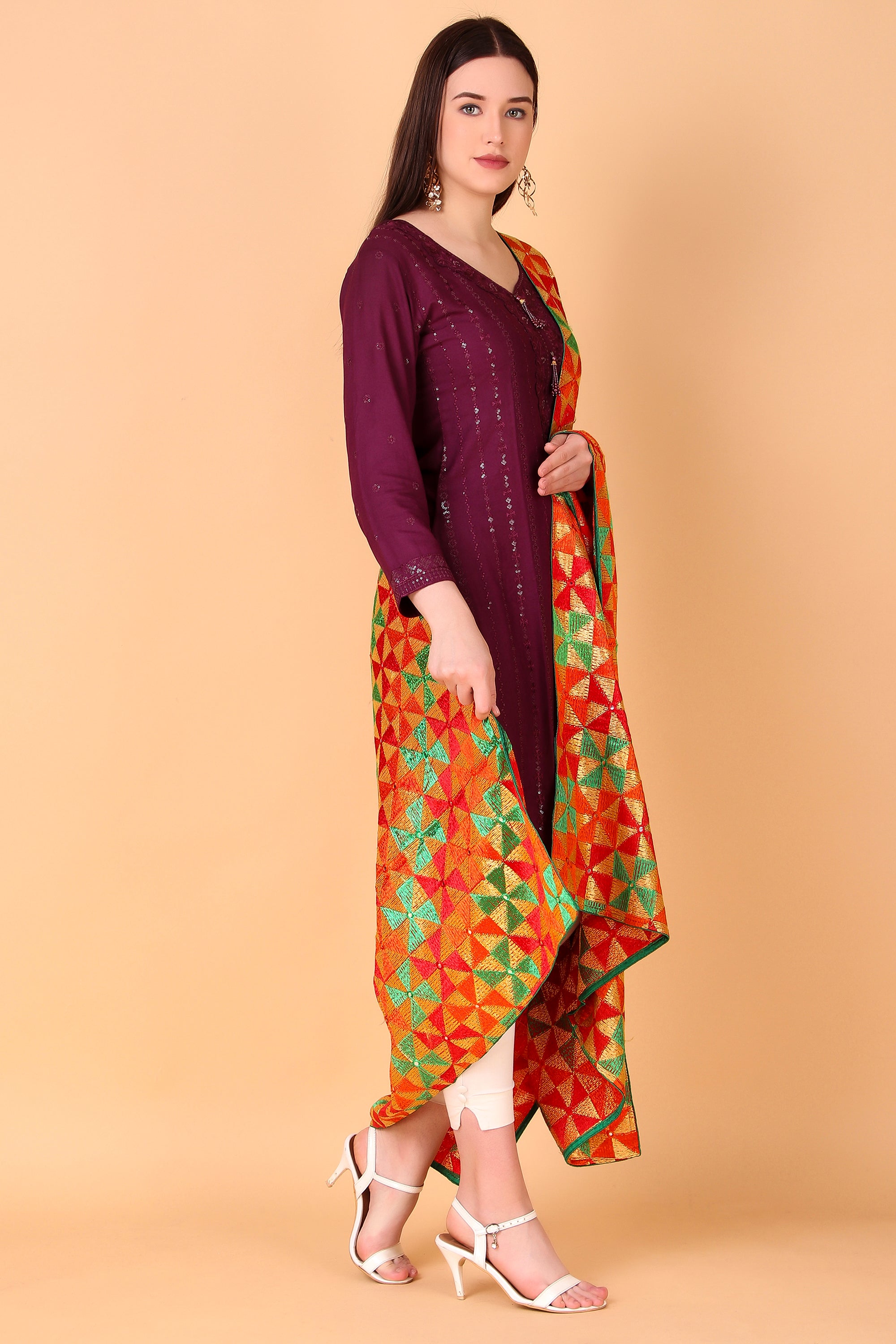 Multicolour Phulkari Dupatta with Mirror Work
