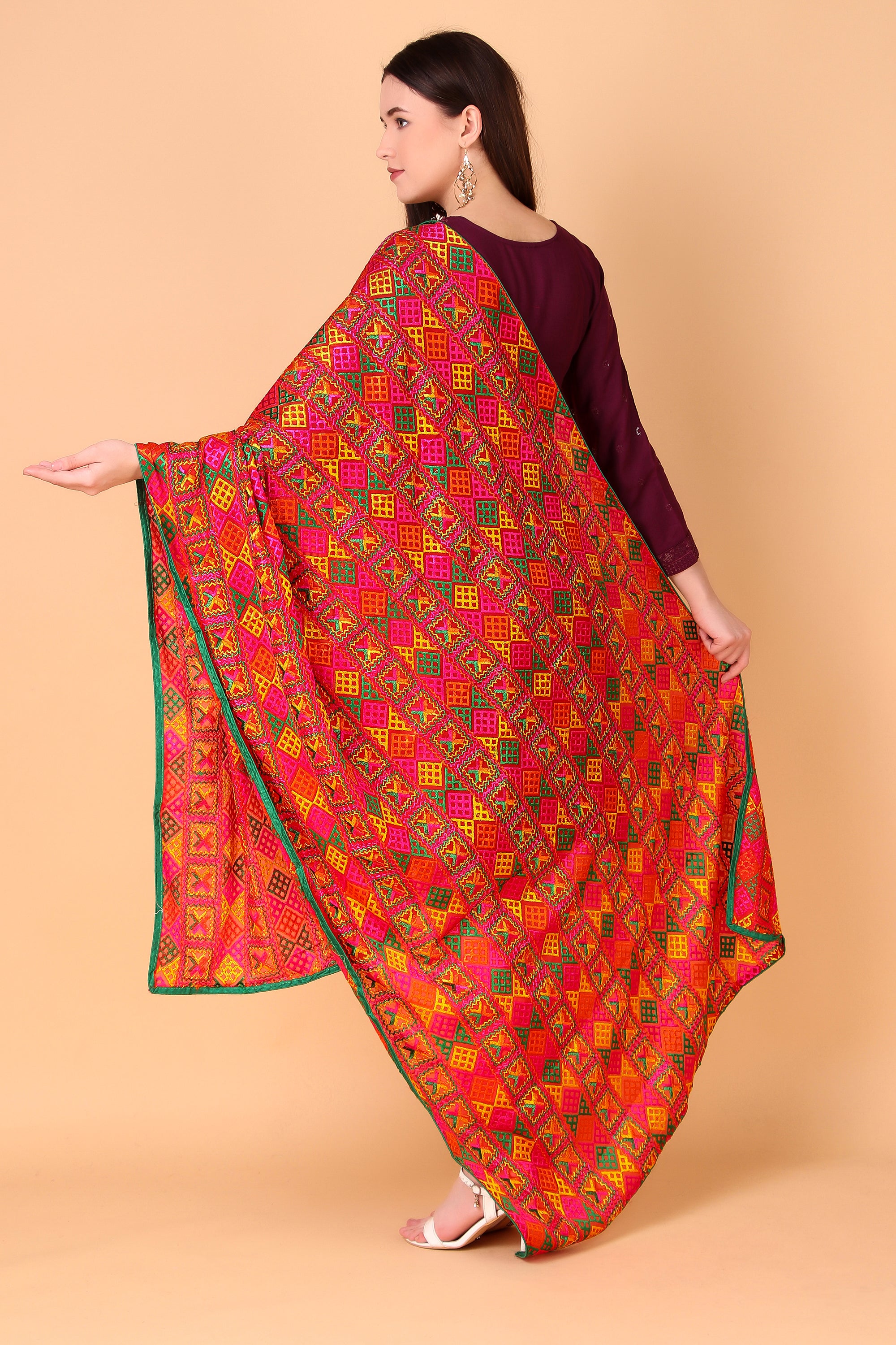 Multicolour Red Phulkari Dupatta