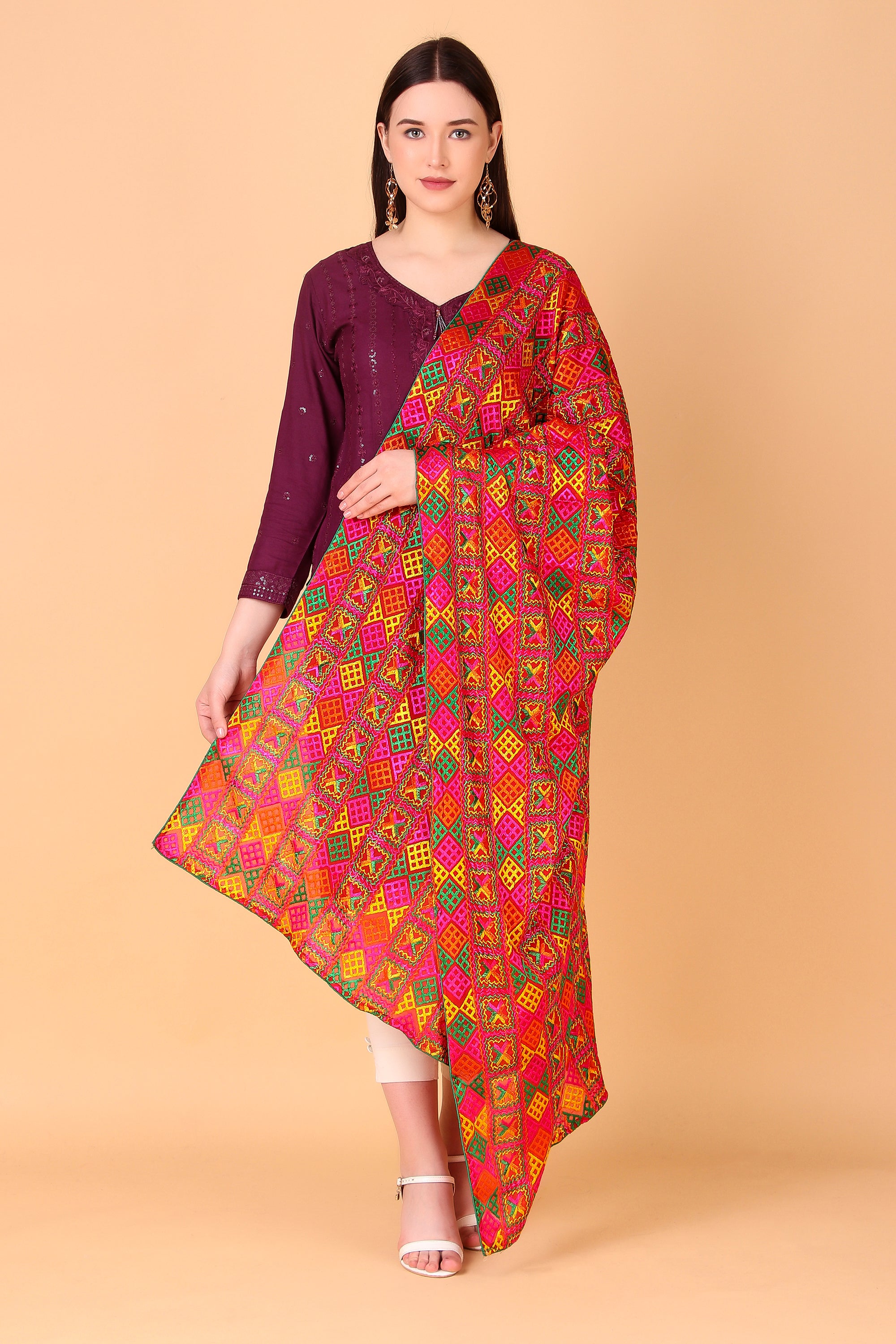 Multicolour Red Phulkari Dupatta