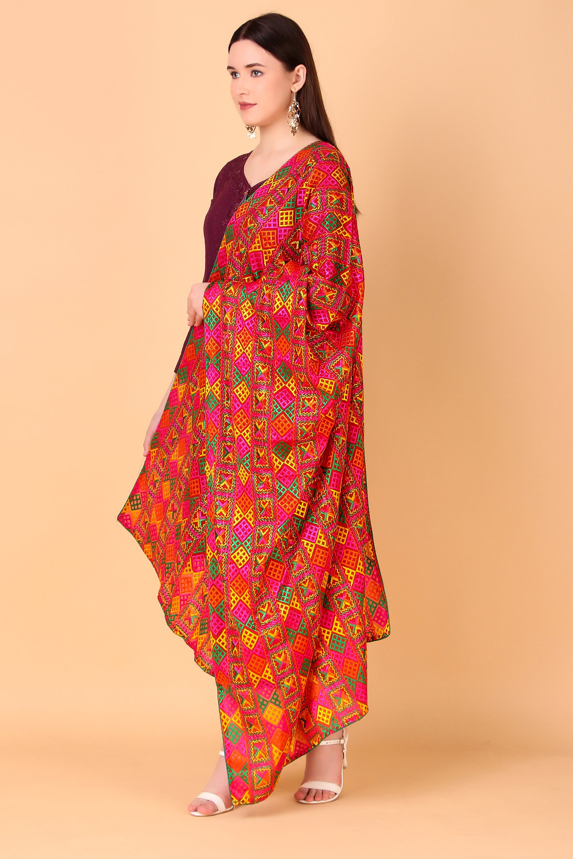 Multicolour Red Phulkari Dupatta