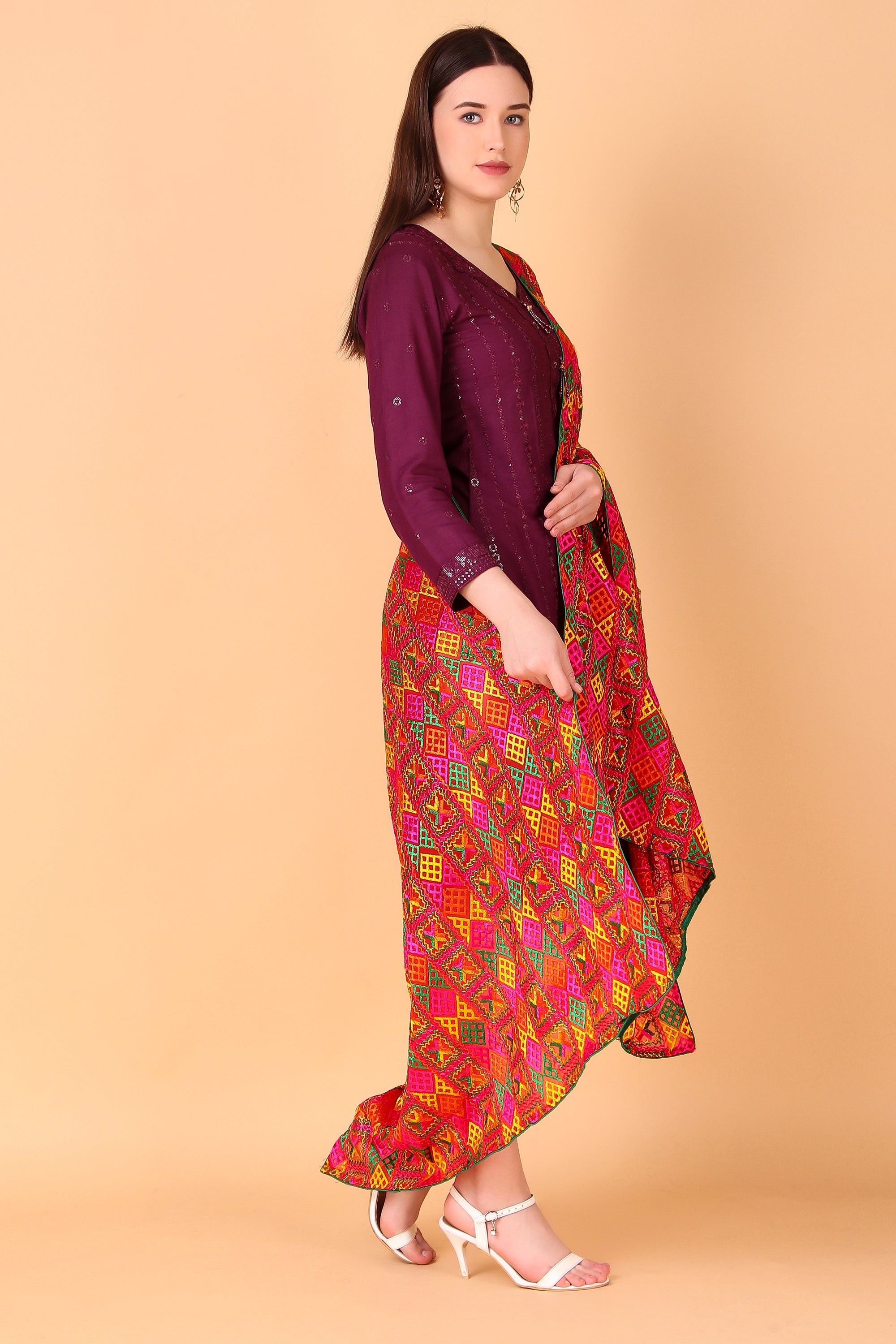 Multicolour Red Phulkari Dupatta