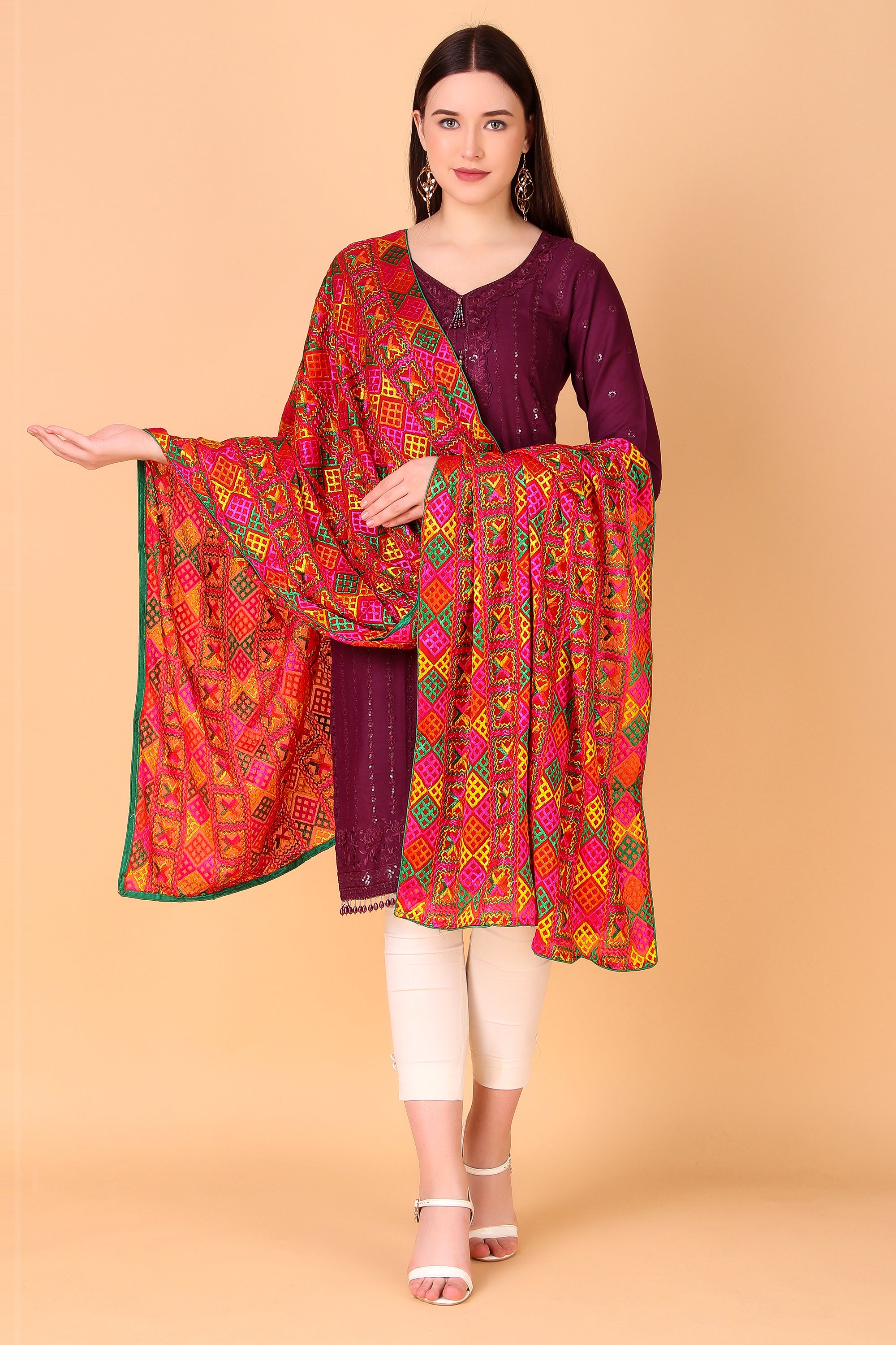 Multicolour Red Phulkari Dupatta